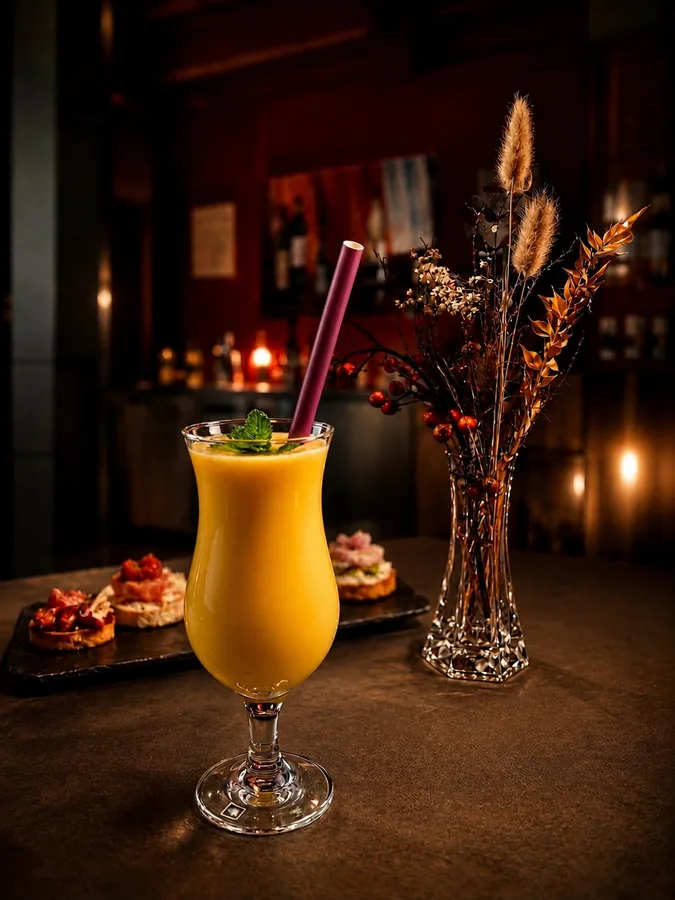 Mango Lassi in a tall glass with mint, on Klag's restaurant table with dried flowers